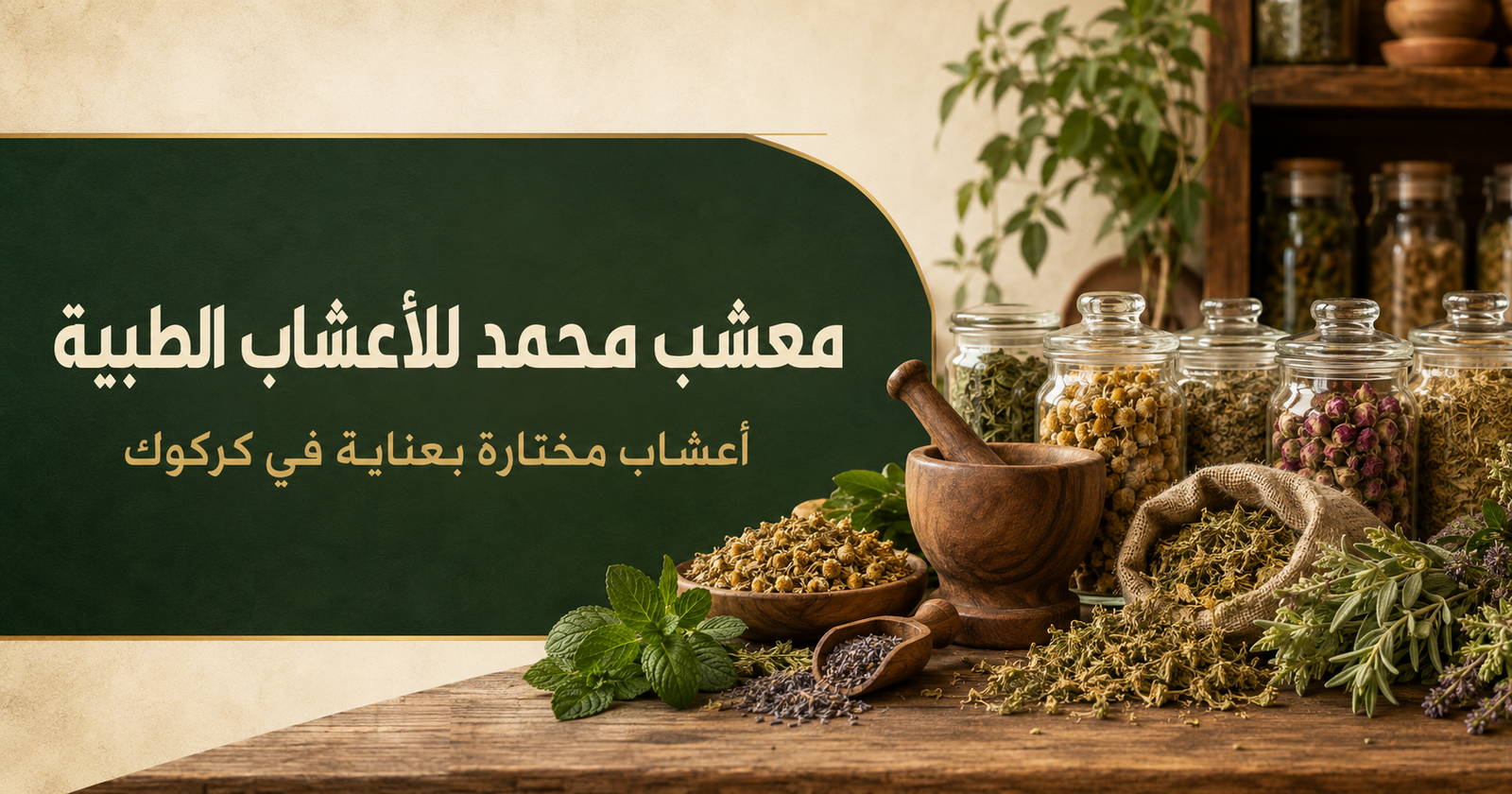 تشكيلة أعشاب طبيعية ومرطبانات زجاجية ومدق خشبي